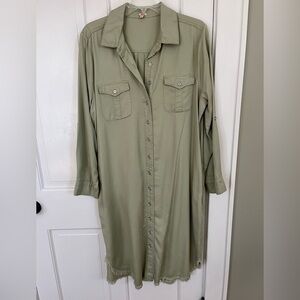 Reba Sage Tencel Point Collar Long Sleeve Frayed Hem Shirt Dress MIDI Large